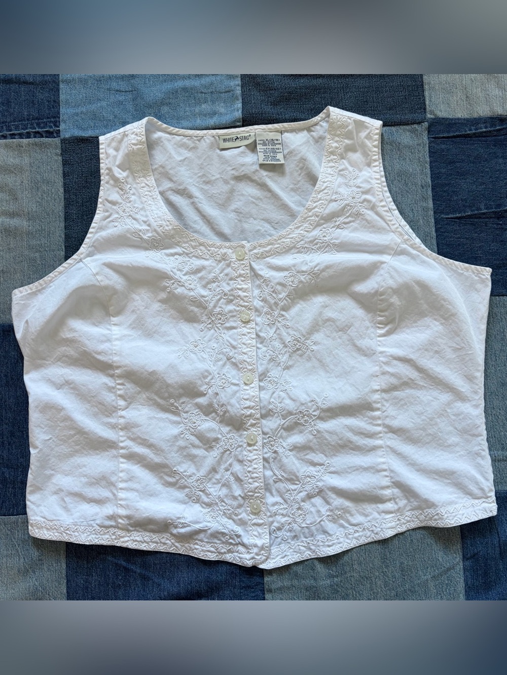 vintage y2k white beaded embroidered floral button up tank top cottage cotton XL